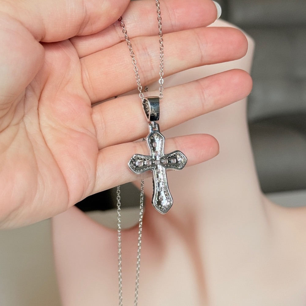 Silver Cubic Zirconia Cross Pendant Necklace - Picture 9 of 11